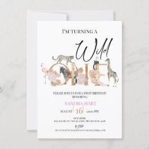 Guld One Boho Blommigt Safari Girls första födelse Inbjudningar