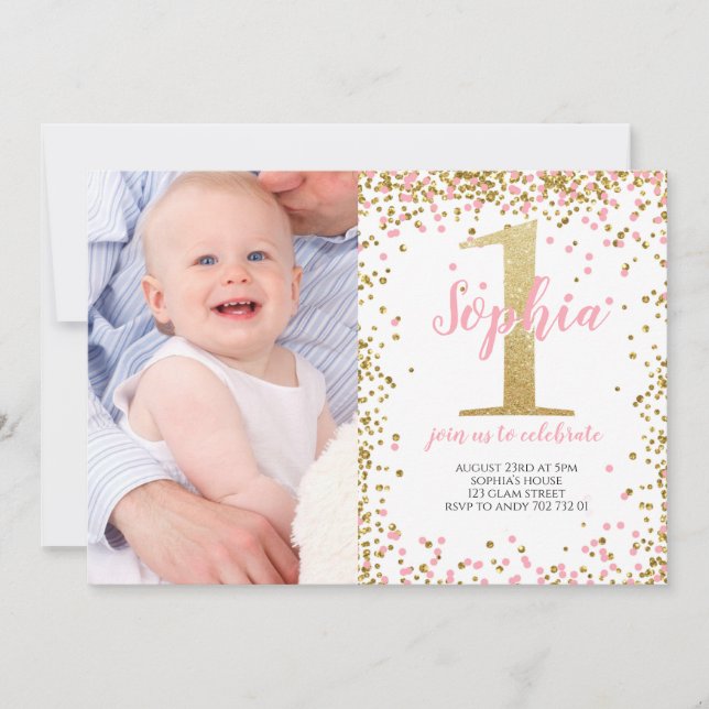 Guld One Glitter Rosa Girl First Birthday Photo Inbjudningar (Framsida)