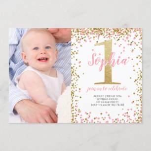 Guld One Glitter Rosa Girl First Birthday Photo Inbjudningar