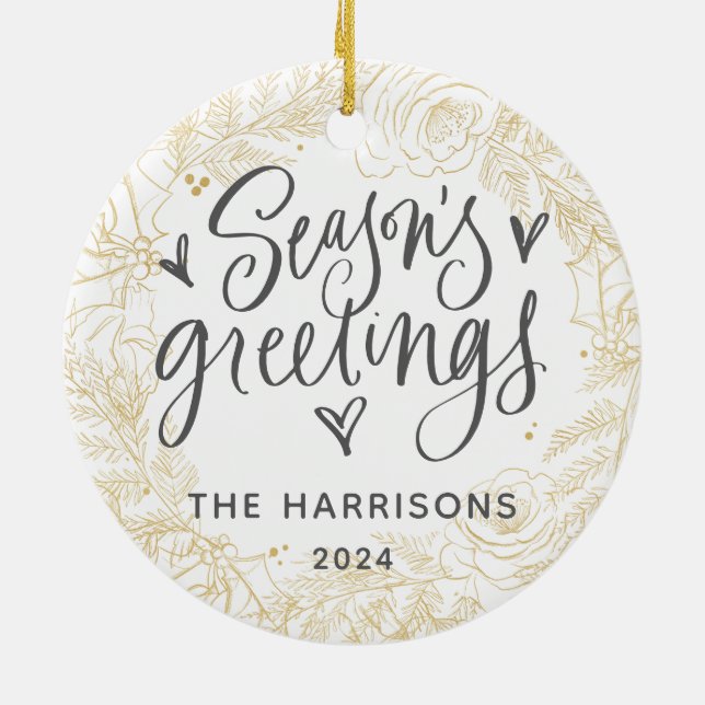 Guld One Photo Season's Greetings Dubbla Sided Julgransprydnad Keramik (Baksidan)