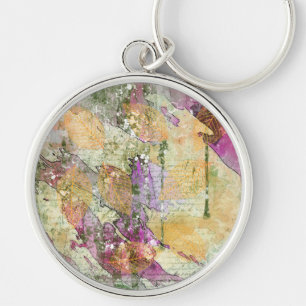 Guld Orange Fall Löv Löv om Vintage Decoupage Rund Silverfärgad Nyckelring
