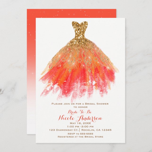 Guld Orange Glitter Glam Dress Fall Möhippa Inbjudningar (Fram/baksida)