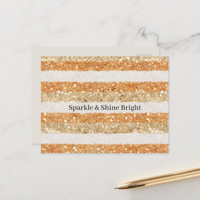 Guld Orange Glitter Kräm Ränder Glitter & Skinande Vykort (Fram/Back In Situ)