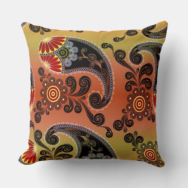 Guld Orange och Svart Paisley Kastkudde Kudde (Framsida)