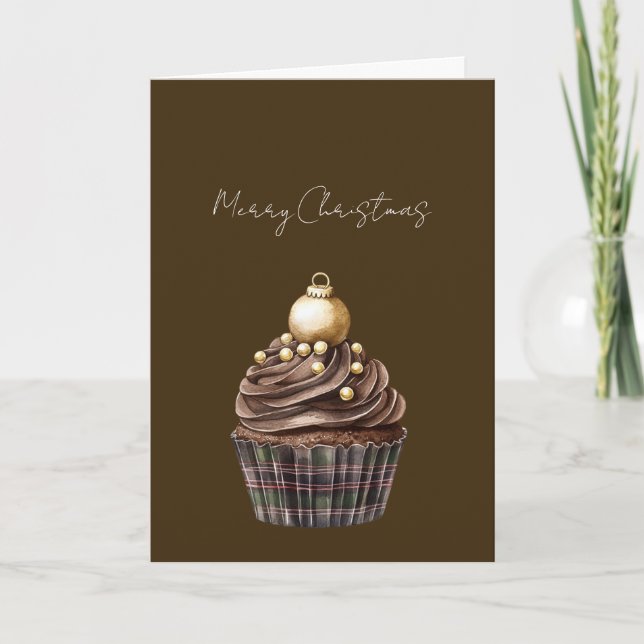 Guld Ornament Choklad Rutig Cupcake Jul Kort (Framsida)