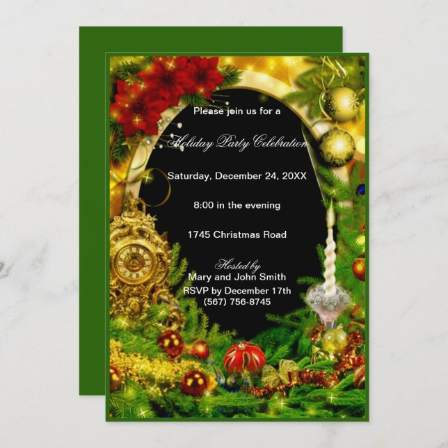 Guld Ornament Grönten Gräs jul Party Inbjudningar (Fram/baksida)