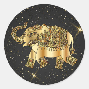 Guld,Ornamental,Elefanten,Abstrakt,Stjärnornas nat Runt Klistermärke