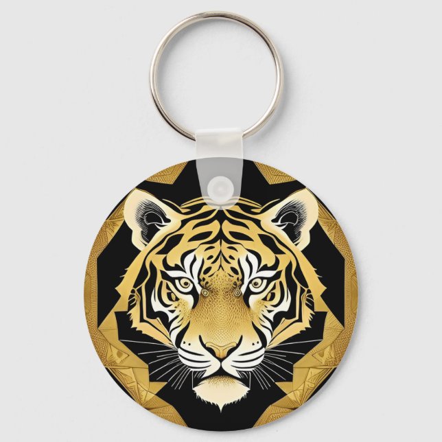 Guld Ornamentalt Tigerkonstverk Nyckelring (Framsida)