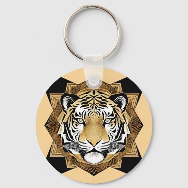 Guld Ornamentalt Tigerkonstverk Nyckelring (Framsida)