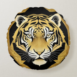 Guld Ornamentalt Tigerkonstverk Rund Kudde