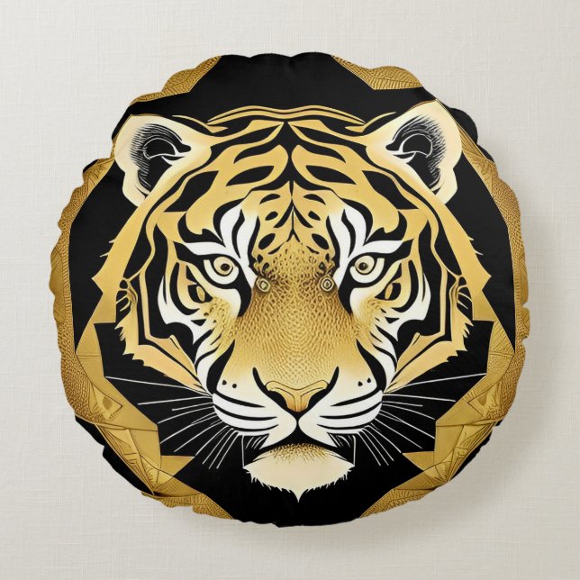 Guld Ornamentalt Tigerkonstverk Rund Kudde (Framsidan)