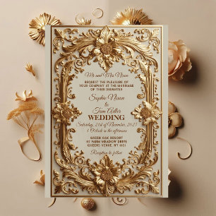Guld Ornamentik Barock Storhet Blommotiv Bröllop Inbjudningar