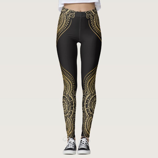 Guld Ornate Blommigt Mandala Design Leggings (Framsida)