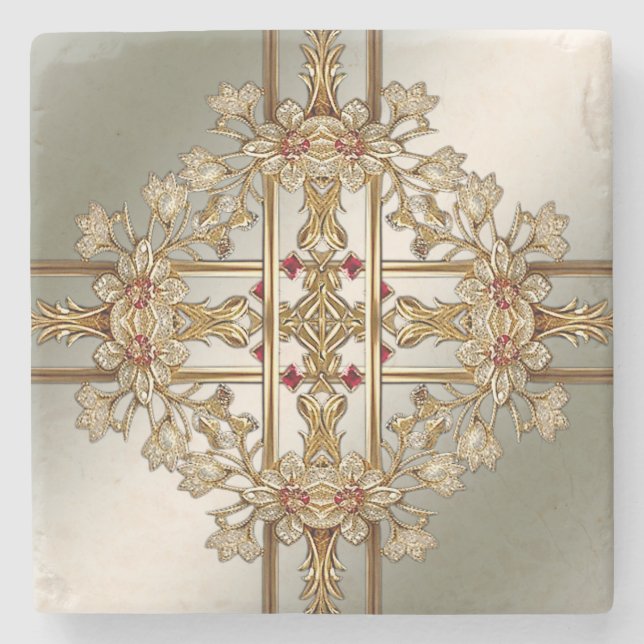 Guld Ornate Blommigt Stone Underlägg (Framsidan)