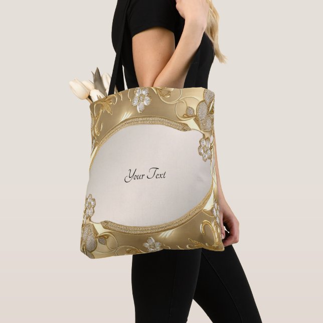 Guld Ornate Blommigt Tote Bag Tygkasse (Närbild)