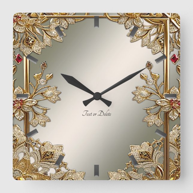 Guld Ornate Blommigt Wall Clock Fyrkantig Klocka (Framsida)