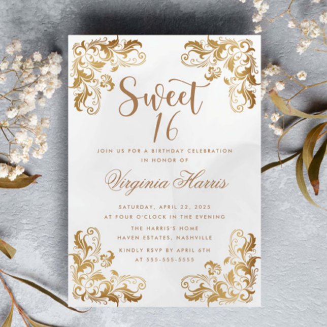 Guld Ornate Corner Cream Sweet sixteen 16 Birthday Inbjudningar (Skapare uppladdad)
