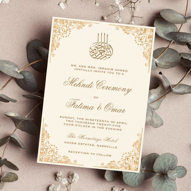 Guld Ornate Cream Islamic Mehndi Ceremony Inbjudningar (Skapare uppladdad)