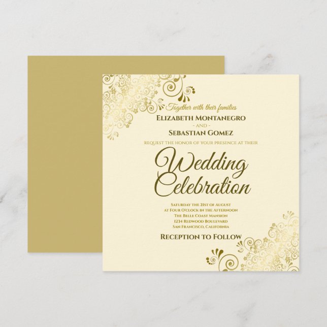 Guld Ornate Filigree Elegant Cream Square Bröllop Inbjudningar (Fram/baksida)