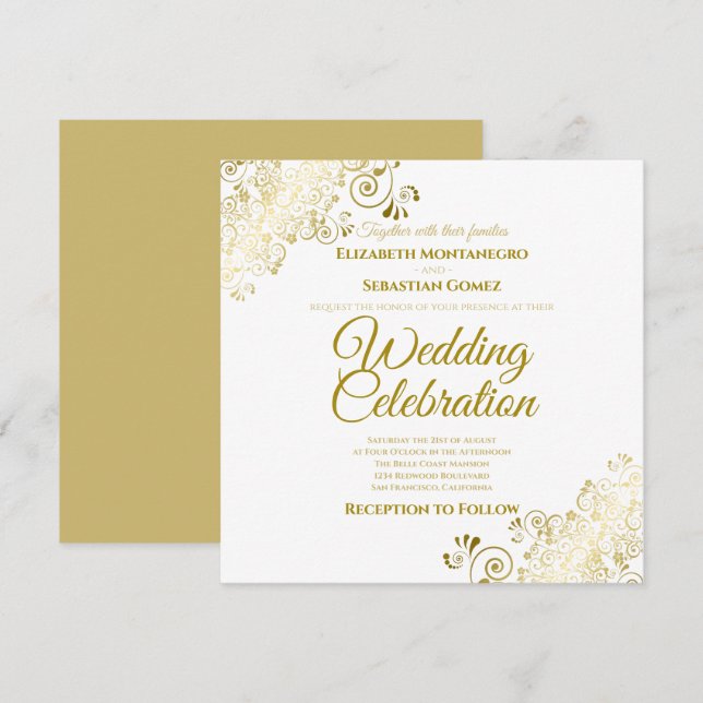 Guld Ornate Filigree Simple Elegant Square Bröllop Inbjudningar (Fram/baksida)