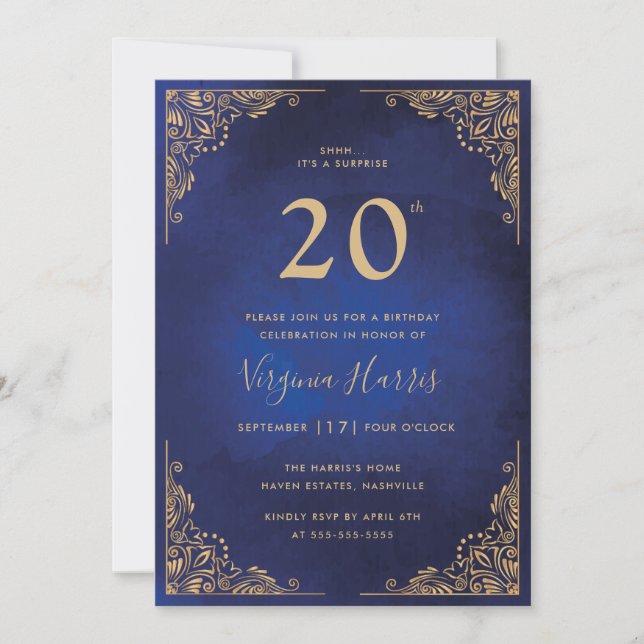 Guld Ornate Gräns Blue 220:e födelsedagen Inbjudningar (Framsida)