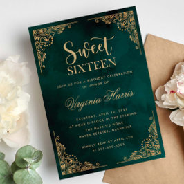 Guld Ornate Gräns Grönt Sweet sixteen 16 födelseda Inbjudningar