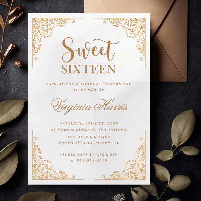 Guld Ornate Gräns Sweet sixteen 16 födelsedag Inbjudningar (Skapare uppladdad)