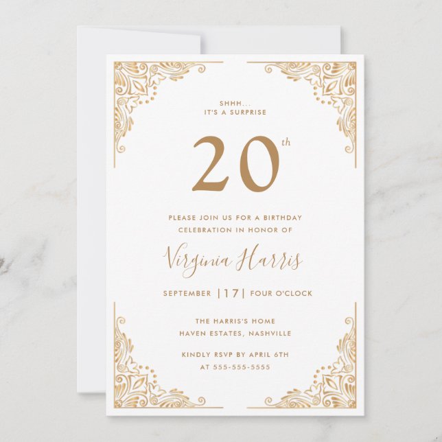 Guld Ornate Gräns White 220:e födelsedagen Inbjudningar (Framsida)