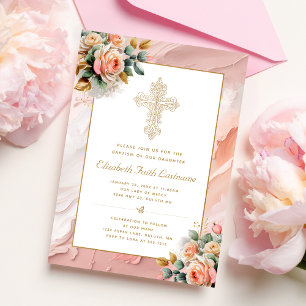 Guld Ornate Kor Peach Rosa Blommigt Girl Girl Bapt Inbjudningar