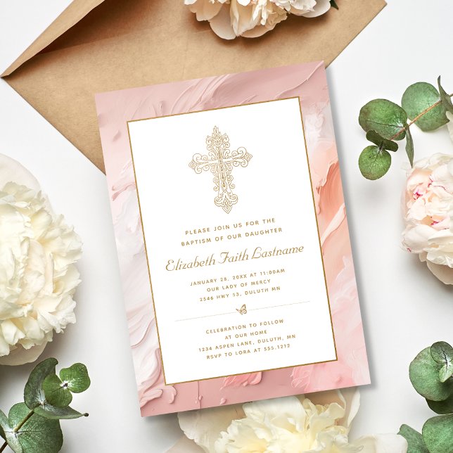 Guld Ornate Kor Peach Rosa Girl Girl Baptism Inbjudningar (Skapare uppladdad)