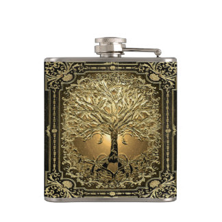 Guld Ornate Livets träd Ancient Rustic Flask Fickplunta