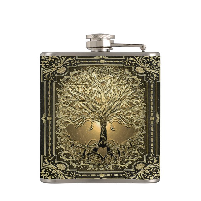 Guld Ornate Livets träd Ancient Rustic Flask Fickplunta (Baksidan)