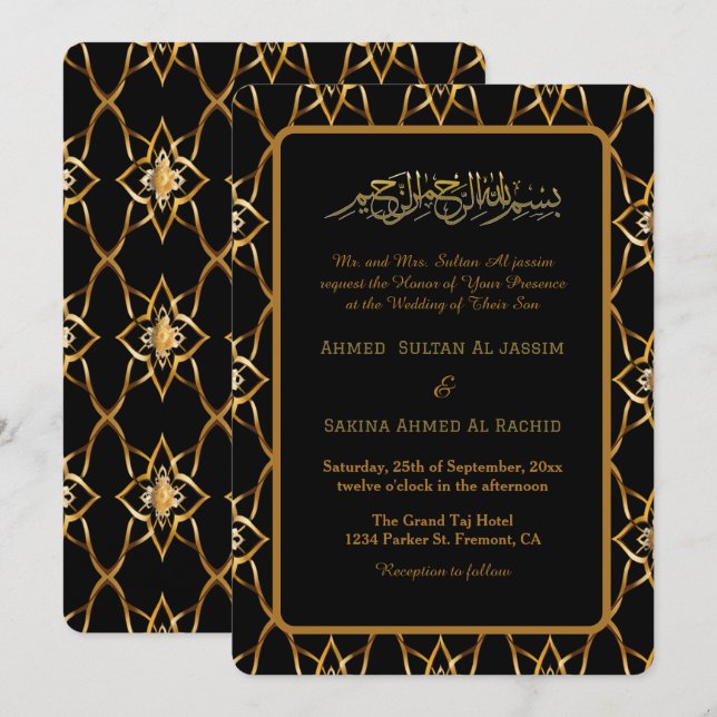 Guld Ornate Mönster Black Islamic Bröllop Inbjudningar (Fram/baksida)