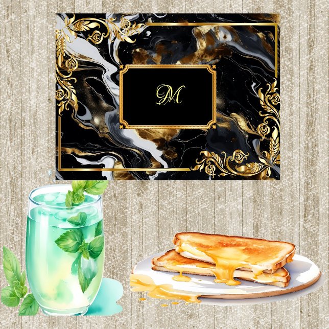 Guld Ornate Ram Marble Mörk blått Bläck Monogram (Gold Ornate Frame Marble Dark Blue Ink Monogram Cutting Board)