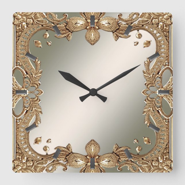 Guld Ornate Ram Wall Clock Fyrkantig Klocka (Framsida)