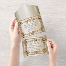 Guld Ornate Rectangle Dimond Flowers Shiny Bröllop