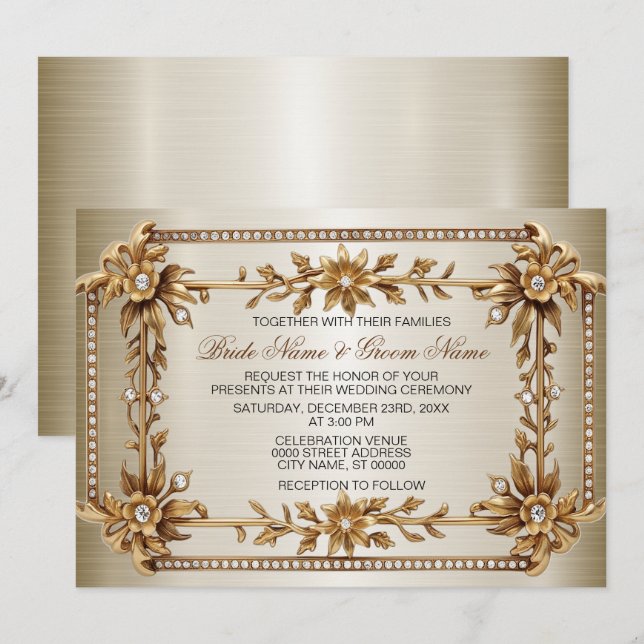 Guld Ornate Rectangle Dimond Flowers Shiny Bröllop Inbjudningar (Fram/baksida)