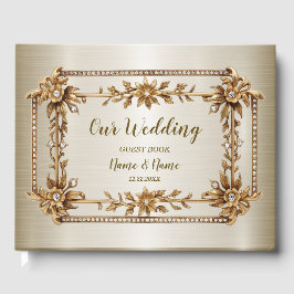 Guld Ornate Rectangle Dimond Flowers Shiny Elegant Gästböcker