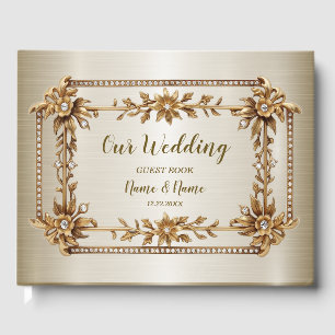 Guld Ornate Rectangle Dimond Flowers Shiny Elegant Gästböcker