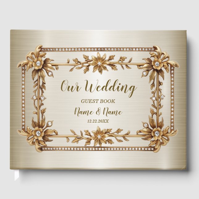 Guld Ornate Rectangle Dimond Flowers Shiny Elegant Gästböcker (Framsida)