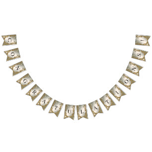 Guld Ornate White Blommigt Bunting Flagga