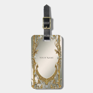 Guld Ornate White Blommigt Luggage Tag Bagagebricka