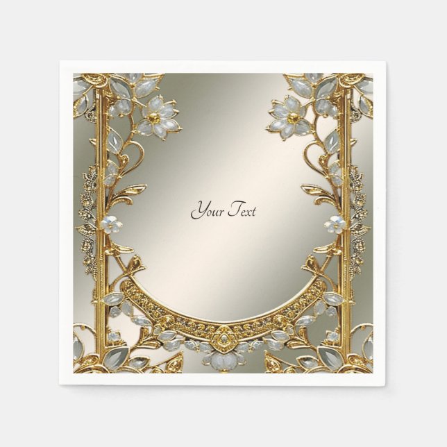 Guld Ornate White Blommigt Napkins Pappersservett (Framsidan)
