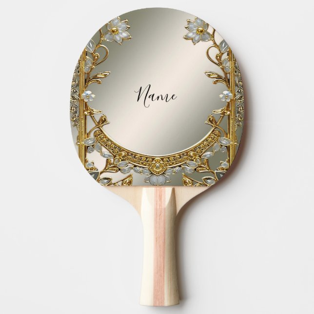 Guld Ornate White Blommigt Ping Pong Paddle Pingisracket (Framsidan)