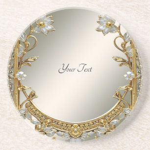 Guld Ornate White Blommigt Sandstone Underlägg