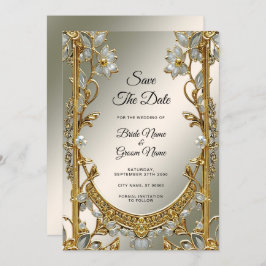 Guld Ornate White Blommigt Spara datum Spara Datumet