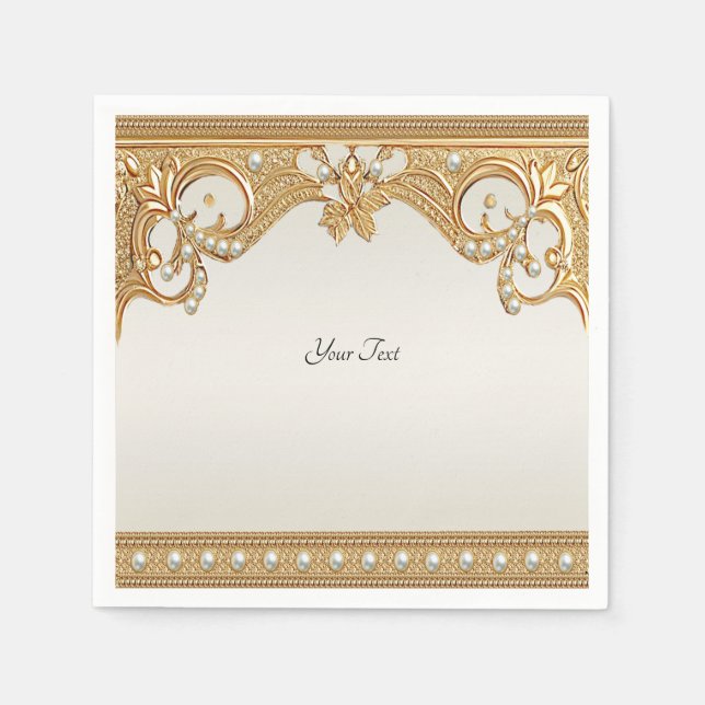 Guld Ornate White Pearls Napkins Pappersservett (Framsidan)