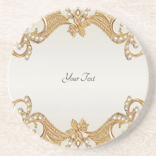 Guld Ornate White Pearls Sandstone Underlägg