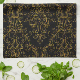 Guld Outline Black Blommigt Swirls Damask Monogram Kökshandduk