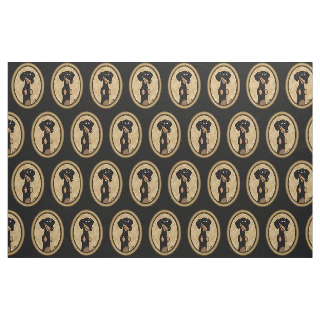 Guld Oval Dachshund Tecknad Porträtt (svart & tan) Tyg (Fat Quarter)
